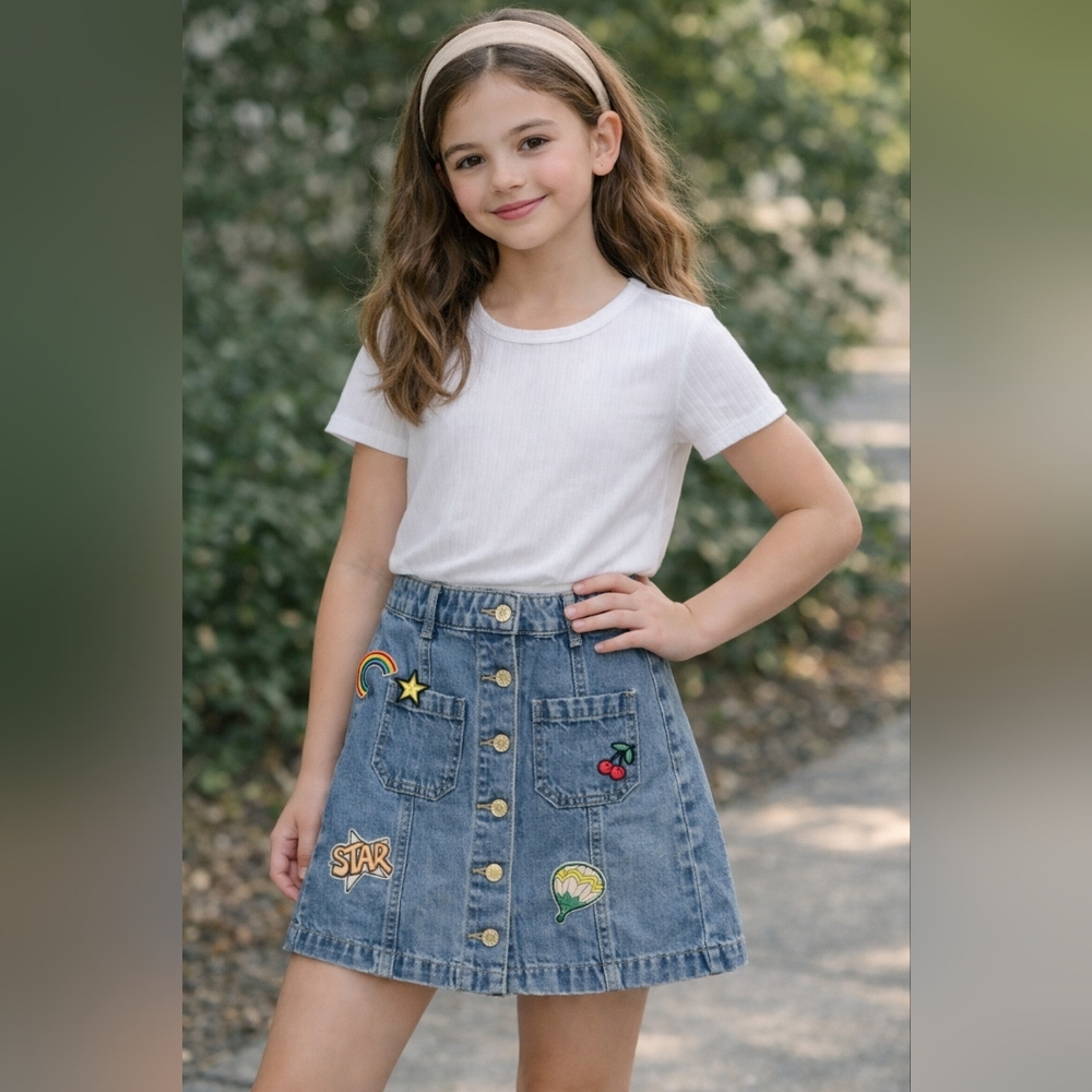 Semir Girls Button Up Patch A-Line Mini Blue Jean Skirt Size 155/62A (XS)